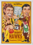 HAWTHORN: Posters/Souvenirs selection with c.2007 "The Spirit of Hawthorn" limited edition poster signed by John Kennedy & Graham Arthur, numbered #345 of 1000; also 1982 team photo poster, and 1989 Sunday Herald, Sunday Press, & 1991 Herald-Sun (2) newsp - 3