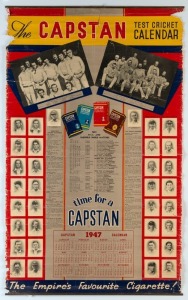 1947 CAPSTAN TEST CRICKET CALENDER: poster-sized calender showing English Players for the 1946-47 season to the left side and Australian players to the right side, with a Test, M.C.C. & Sheffield Shield fixture list for the 1946-47 season in the middle; 88x53cm, some edge faults, fair condition overall.