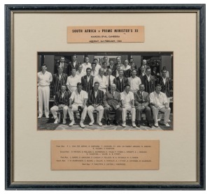 GRAHAM MCKENZIE COLLECTION - 1963-64 AUSTRALIA v SOUTH AFRICA TEST SERIES: South Africa v Prime Minister's XI official photograph showing both competing teams, standing outside the Bradman Pavilion, at Manuka Oval, Canberra, on Monday 3rd February, 1964. Graham McKenzie is seated at far right of front row, with Australian prime minister Sir Robert Menzies sat in the middle of the front row; and former English Test fast bowler (and recent emigrant) Frank Tyson