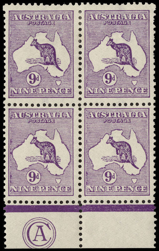 9d Deep Violet (Plate 2) CA Monogram block of 4 from the left pane; the lower pair and margin magnificent MUH; the upper pair Mint with a couple of nibbed perfs. Superb rich colour and most attractively centred. BW:24(2)za+ ($7500) but not priced MUH nor