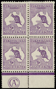 9d Deep Violet (Plate 2) CA Monogram block of 4 from the left pane; the lower pair and margin magnificent MUH; the upper pair Mint with a couple of nibbed perfs. Superb rich colour and most attractively centred. BW:24(2)za+ ($7500) but not priced MUH nor 