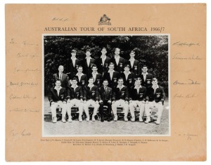 GRAHAM MCKENZIE COLLECTION - 1966-67 TOUR OF SOUTH AFRICA: 1966-67 Official Australian team photograph titled 'Australian Tour of South Africa 1966/7', showing McKenzie seated on front row, 2nd from the right. Player names are printed on mount beneath, with 18 signatures in the borders of the mount (some faded) including McKenzie, Bobby Simpson (Capt.), Bill Lawry, Ian Chappell, Keith Stackpole, Ian Redpath & Tour Manager/Treasurer Bill Jacobs; overall 29x35cm.