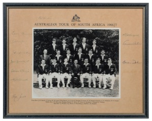 GRAHAM MCKENZIE COLLECTION - 1966-67 TOUR OF SOUTH AFRICA: Official Australian team photograph titled 'Australian Tour of South Africa 1966/7', showing McKenzie seated in front row, 2nd from the right. Player names are printed on mount beneath, with player signatures in the borders of the mount (some faded) including McKenzie, Bobby Simpson (Capt.), Bill Lawry & Ian Chappell (both faded), Keith Stackpole and Tour Manager/Treasurer Bill Jacobs; framed & glazed, overall 33x41cm.