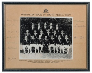 GRAHAM MCKENZIE COLLECTION - 1966-67 TOUR OF SOUTH AFRICA: Official Australian team photograph titled 'Australian Tour of South Africa 1966/7', showing McKenzie seated in front row, 2nd from the right. Player names are printed on mount beneath, with playe