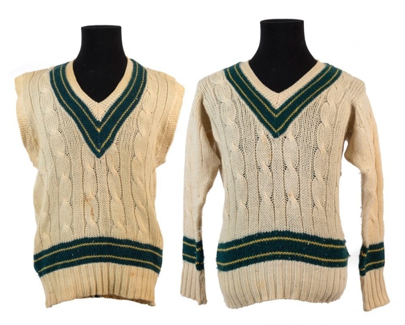 GRAHAM MCKENZIE COLLECTION -  EARLY 1960s AUSTRALIAN TEST MATCH CRICKET JUMPERS:  Graham McKenzie's named long-sleeve and short-sleeve jumpers; some signs or wear, fair/good condition overall. (2)