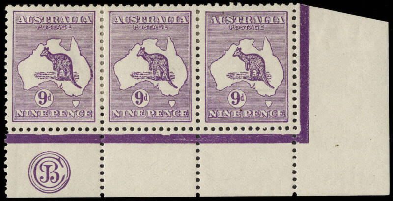 9d Violet (Plate 2) JBC Monogram corner strip of 3 from the right pane, Mint (with minor reinforcing) and showing the variety at R60 "Break in coast of Gulf of Carpentaria"; beautifully centred and extremely scarce. BW:24(2)zb - $15,000.Provenance: Kevin