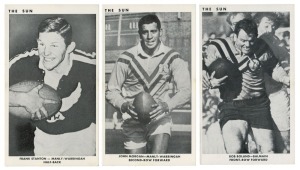 1967 'SUN' NEWSPAPER: complete set of Rugby League cards [50], each 14x8cm; some minor edge aging, very good condition overall with sharp corners; comes with original "The Sun/No.5608" envelope used to send the cards (dated 19/5/67). Seldom offered as com