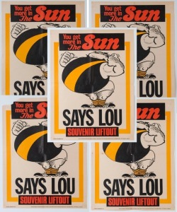 Saturday (morning) September 29, 1973 "The SUN" poster with RICHMOND predicted to be triumphant, "SAYS LOU". Artwork by Jeff Hook. Scarce. Five examples; mixed condition. (5)