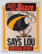 Saturday (morning) September 29, 1973 "The SUN" poster with RICHMOND predicted to be triumphant, "SAYS LOU".  Artwork by Jeff Hook. Scarce. Five examples; mixed condition. (5) - 3