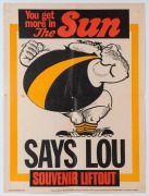 Saturday (morning) September 29, 1973 "The SUN" poster with RICHMOND predicted to be triumphant, "SAYS LOU".  Artwork by Jeff Hook. Scarce. Five examples; mixed condition. (5) - 4