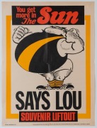 Saturday (morning) September 29, 1973 "The SUN" poster with RICHMOND predicted to be triumphant, "SAYS LOU".  Artwork by Jeff Hook. Scarce. Five examples; mixed condition. (5) - 6