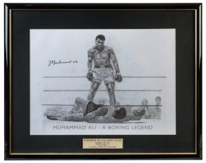 MUHAMMED ALI: "MUHAMMED ALI - A BOXING LEGEND" large black & white sketch (46x63cm) SIGNED BY ALI, commemorating Ali's first round knock out defeat of Sonny Liston on May 25, 1965; attractively framed & glazed, overall 69x87cm; with CofA.