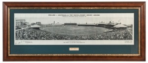 ENGLAND V. AUSTRALIA - 1ST TEST MATCH - SYDNEY CRICKET GROUND: panoramic print (24x92cm) showing Stan McCabe & Tim Wall batting on Saturday 3rd December 1932, SIGNED BY McCABE in lower-left corner and on a small inset piece below the print, issued by Mick Simmons Limited and inscribed "In this Match, Stan McCabe scored 187 not out. Stan McCabe is on the Staff of Mick Simmons Limited"; framed & glazed, overall 46x110cm. The First Test of the "Bodyline" Series; England won by 10 wickets.
