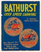 "BATHURST, 1959 SPEED CARNIVAL, Mt Panorama Scenic Road Circuit, Easter Sat. to Easter Mon. Speed! Spectacle! Fun! Australia's Fastest Bikes & Cars. Huge Camping Area". Iconic and rare motor racing poster, linen backed for conservation.&nbsp; ​​​​​​​55 x 42cm