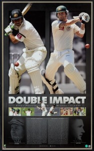RICKY PONTING & MICHAEL CLARKE: "Double Impact" limited edition print numbered #48 of 200, featuring career biographies and a large colour image of both cricketers, SIGNED BY BOTH PLAYERS in silver marker pen; attractively framed & glazed, overall 100x68cm. 'A' Tag authenticated.