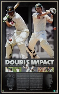 RICKY PONTING & MICHAEL CLARKE: "Double Impact" limited edition print numbered #48 of 200, featuring career biographies and a large colour image of both cricketers, SIGNED BY BOTH PLAYERS in silver marker pen; attractively framed & glazed, overall 100x68c