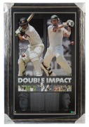RICKY PONTING & MICHAEL CLARKE: "Double Impact"&nbsp;limited edition print numbered&nbsp;#48 of 200, featuring career biographies&nbsp;and&nbsp;a large colour image of both cricketers, SIGNED BY BOTH PLAYERS in silver marker pen; attractively framed & glazed, overall 100x68c - 2