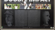 RICKY PONTING & MICHAEL CLARKE: "Double Impact"&nbsp;limited edition print numbered&nbsp;#48 of 200, featuring career biographies&nbsp;and&nbsp;a large colour image of both cricketers, SIGNED BY BOTH PLAYERS in silver marker pen; attractively framed & glazed, overall 100x68c - 3