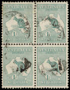 1/- Emerald, Watermark Inverted, postally used block of 4; exceptionally well centred and probably the largest multiple extant. BW:30a - $500 x 4.