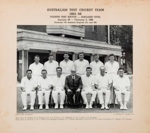 GRAHAM MCKENZIE COLLECTION - 1965-66 ASHES SERIES IN AUSTRALIA: 1965-66 Official Australian team photograph for 4th Test, titled 'Australian Test Cricket Team, Fourth Test Match - Adelaide Oval, January 28 - February2, 1966; Australia 516 defeated England 241 and 266 ', showing McKenzie 4th from the left on back row; players names printed on mount beneath; overall 30x33cm.