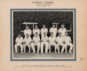 GRAHAM MCKENZIE COLLECTION - 1965-66 ASHES SERIES IN AUSTRALIA: 1965-66 Official Australian team photograph for 3th Test, titled 'Australia v. England, Sydney Cricket Ground, 7th-11th January, 1966', showing McKenzie 4th from the left on back row; players names printed on mount beneath; overall 29x35cm.