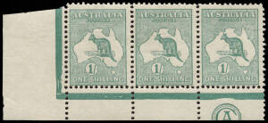 1/- Bright Emerald-Green (Plate 2) CA Monogram strip of 3 from the left pane; 2 units MUH, 1 MLH. Complete monogram corner strips of any of the First Watermark shilling values are extremely scarce. [NB: The similarly trimmed JBC Monogram strip - one unit 