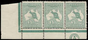 1/- Bright Emerald-Green (Plate 2) CA Monogram strip of 3 from the left pane; 2 units MUH, 1 MLH. Complete monogram corner strips of any of the First Watermark shilling values are extremely scarce. [NB: The similarly trimmed JBC Monogram strip - one unit 