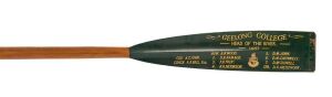 1957 Head of the River commemorative oar featuring the details of the Geelong College winning crew. They defeated Scotch College (2nd) and Xavier College (3rd) in the final. 3.63 meters long. Offered together with a race-used oar (3.68 meters). (2 items).