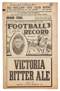 "THE FOOTBALL RECORD": 1942 Collingwood v Carlton (R.11); 1st Semi Final, Footscray v South Melbourne; 2nd Semi Final, Richmond v Essendon; Final, Essendon v South Melbourne; plus Grand Final, Richmond v Essendon; some annotations Fair/Good condition (5). Essendon defeated Richmond 19.18 (132) to 11.13 (79), in the Grand Final front of a crowd of 49,000 people.