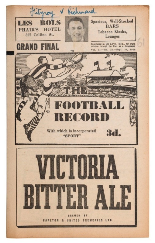 "THE FOOTBALL RECORD": Special editions for the 1944 1st Semi-Final, Essendon v Footscray;  2nd Semi-Final, Fitzroy v Richmond; Final, Richmond v Essendon; and Grand Final, Fitzroy v Richmond; some annotations, Fair/Good condition. (4) Fitzroy defeated