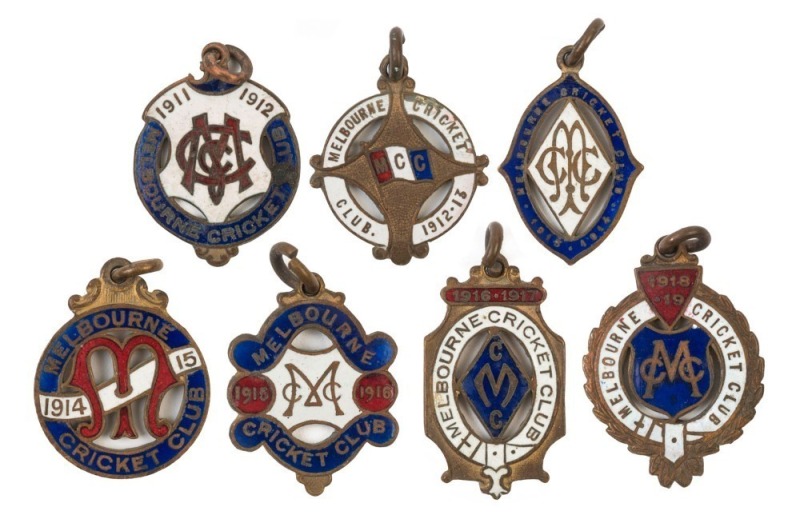 MELBOURNE CRICKET CLUB, membership fobs for 1911-12, 1912-13, 1913-14, 1914-15, 1915-16, 1916-17 and 1918-19, (7).