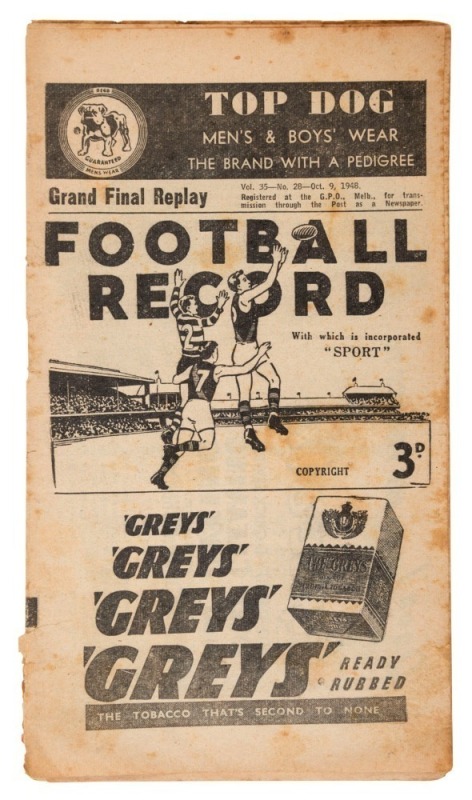 "THE FOOTBALL RECORD": Special editions for the 1948 1st Semi-Final, Collingwood v Footscray, ; 2nd Semi-Final, Essendon v Melbourne;  Preliminary Final,  Melbourne v Collingwood; the Grand Final, Essendon v Melbourne; and the Grand Final Replay Essendon