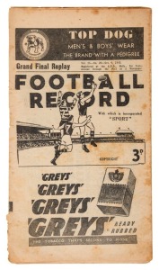 "THE FOOTBALL RECORD": Special editions for the 1948 1st Semi-Final, Collingwood v Footscray, ; 2nd Semi-Final, Essendon v Melbourne; Preliminary Final, Melbourne v Collingwood; the Grand Final, Essendon v Melbourne; and the Grand Final Replay Essendon v Melbourne; all are more-or-less aged, fair condition overall. (5)