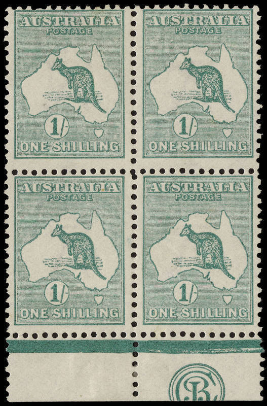 1/- Emerald (Plate 2) JBC Monogram block of 4 from the right pane; fresh MUH/MLH. BW:30(2)zc+ - $4500 for a single.