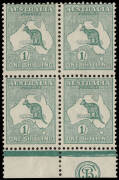 1/- Emerald (Plate 2) JBC Monogram block of 4 from the right pane; fresh MUH/MLH. BW:30(2)zc+ - $4500 for a single.