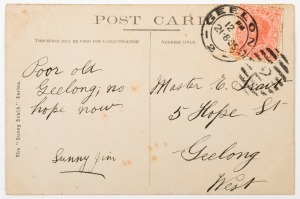 1905 MELBOURNE v GEELONG - ROUND 14: 1905 picture postcard ("Port Melbourne Railway Pier") the message "Poor old Geelong; no hope now" referencing Melbourne's win by 35 points on 19/08/05; very good condition.