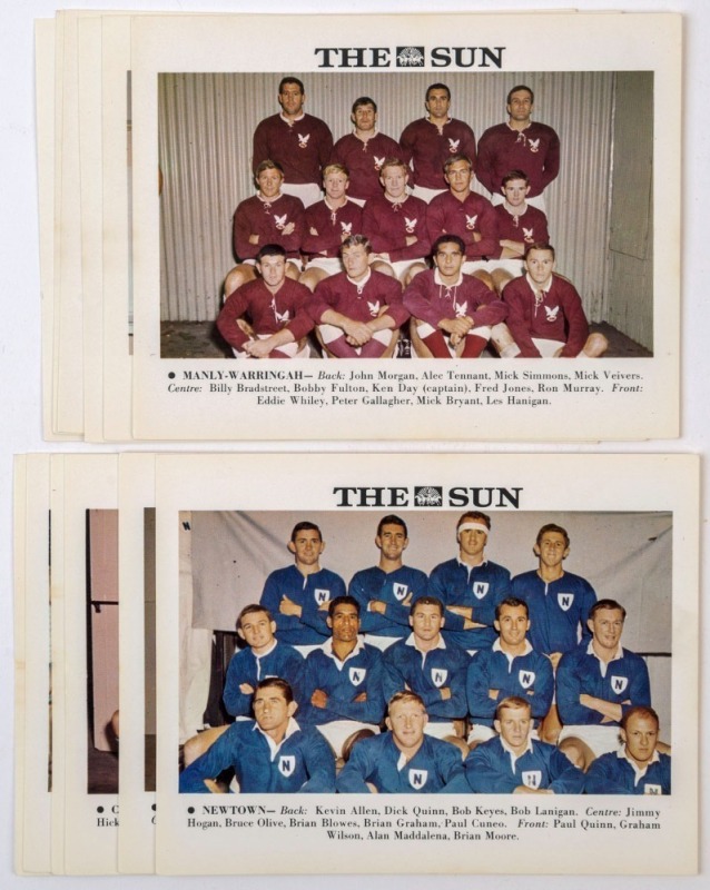 1967 'SUN' NEWSPAPER: complete set of Rugby League 'Team' cards [12], each 11x14.5cm; some light aging around edges/on reverse, good condition overall with sharp corners; comes with original "The Sun" envelope used to send the cards (dated 24/5/67).