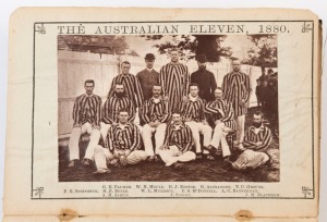 'THE AUSTRALIAN ELEVEN,1880': original photographic plate (6 x 9cm, good condition), mounted to frontispiece of 1881 edition of 'James Lillywhite's Cricketers' Annual', the players' names printed beneath; the annual in fair condition.