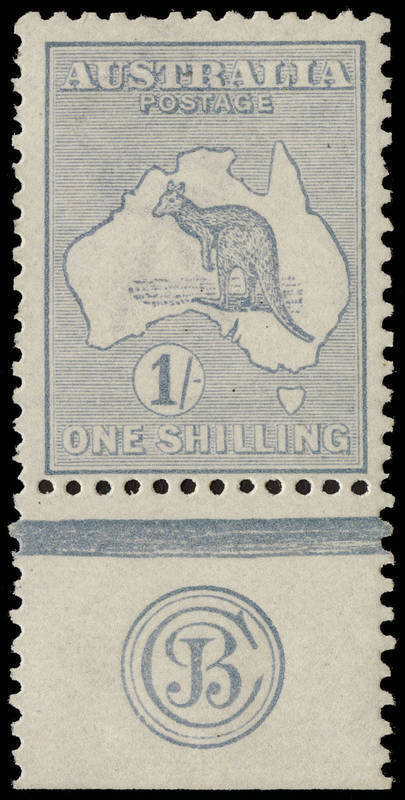 1/- Blue-Green (Plate 2) JBC Monogram single, MLH. Well centred and with complete monogram. BW:30(2)zc - $4500.