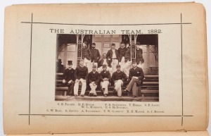 'THE AUSTRALIAN TEAM,1882': original photographic plate (5.5 x 8.5cm, good condition), mounted to frontispiece of 1883 edition of 'James Lillywhite's Cricketers' Annual', the players' names printed beneath; the annual in fair condition.