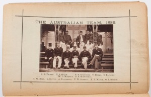 'THE AUSTRALIAN TEAM,1882': original photographic plate (5.5 x 8.5cm, good condition), mounted to frontispiece of 1883 edition of 'James Lillywhite's Cricketers' Annual', the players' names printed beneath; the annual in fair condition.