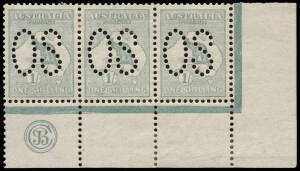 1/- Blue-Green (Plate 2) JBC Monogram strip of 3 from the right pane, perforated Large OS. Mint, superbly centred and with full margins and perforations. An exceptional piece of the highest rarity, only one other strip being known. BW:30(2)zb - ($12,000) 