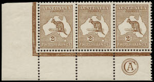 2/- Brown, the highly important lower left corner CA Monogram strip of 3 from Plate 2. With deep rich colour, attractively centred and 2 units MUH, 1 Mint. This is the only CA Monogram strip in private hands; there being one also in the Royal Collection. 