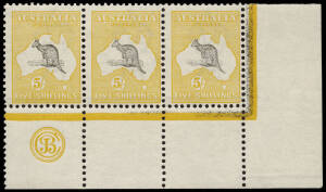 5/- Grey & Chrome, the brilliantly fresh lower right corner strip of 3 with JBC Monogram. Vibrant colours, MLH and MUH and one of only 2 JBC Monogram strips in private hands. With varieties at R60 "Spencer's Gulf short" and at R59 "Break in coast of Gulf 