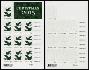 Decimal Issues: 2015 Christmas (SG.4482var) 65c Peace Doves metallic embossed printing in green on latticed background, self adhesive sheetlet of 10, error "Green Doves omitted" with the rectangular embossed header "'CHRISTMAS 2015' also omitted". Rare and spectacular error, in superb condition, supplied with normal sheetlet for comparison purposes.