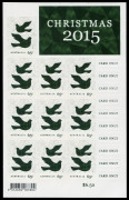 Decimal Issues: 2015 Christmas (SG.4482var) 65c Peace Doves metallic embossed printing in green on latticed background, self adhesive sheetlet of 10, error "Green Doves omitted" with the rectangular embossed header "'CHRISTMAS 2015' also omitted". Rare an - 2