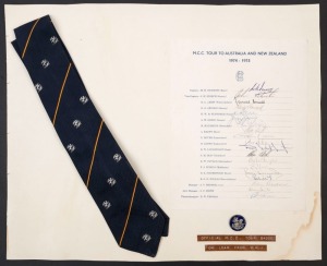 M.C.C. TOUR TO AUSTRALIA AND NEW ZEALAND 1974-75: official M.C.C. team sheet fully signed in pen by the whole touring party of 19, including Denness (Capt.), Edrich (Vice-Capt.), Amiss, Grieg, Knott and Willis; mounted together with an official M.C.C. Tou