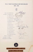 M.C.C. TOUR TO AUSTRALIA AND NEW ZEALAND 1974-75: official M.C.C. team sheet fully signed in pen by the whole touring party of 19, including Denness (Capt.), Edrich (Vice-Capt.), Amiss, Grieg, Knott and Willis; mounted together with an official M.C.C. Tou - 2