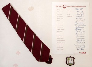 WEST INDIES CRICKET TOUR OF AUSTRALIA 1975-76: Official team sheet, signed in ink by the whole touring party of 19, including Lloyd (Capt.), Murray (Vice. Capt.), Gibbs, Greenidge, Richards & Holding. Displayed together with the official WI cloth badge and the official team tie. [Previously displayed in The Cricketer's Bar, Windsor Hotel, Melbourne). (3 items).