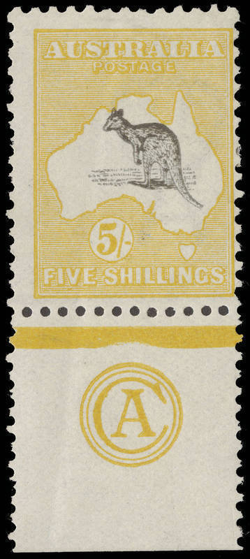 5/- Grey & Chrome, CA Monogram single from the left pane, MLH with light vertical gum bend. One of only two recorded mint single examples of the CA monogram, the other (with pulled perf at left) having resided in the Hugh Morgan collection until November